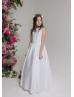 White Lace Satin Keyhole Back Flower Girl Dress